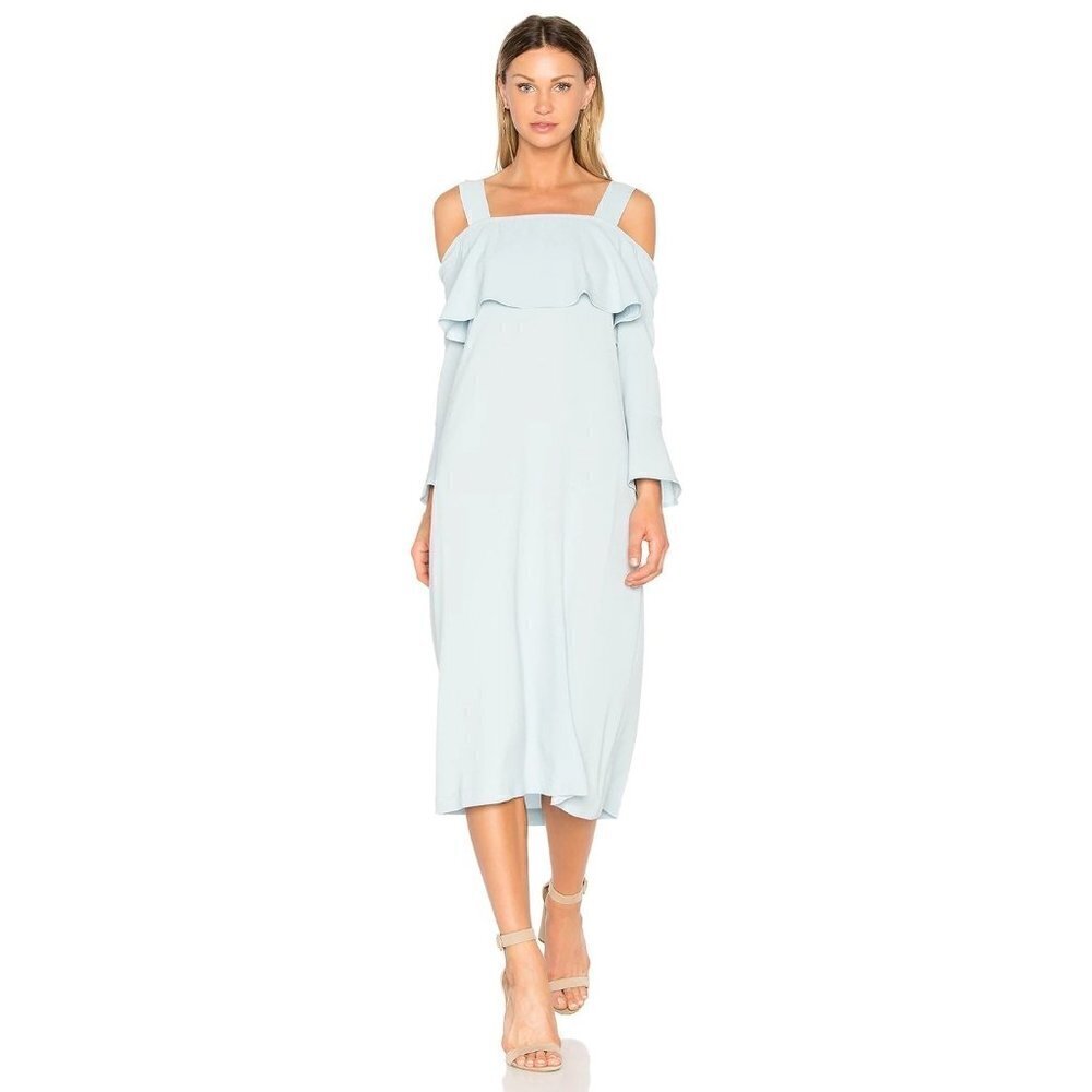 Ganni Clark Cold Shoulder Ruffle Midi Dress Sterling Blue Size 4